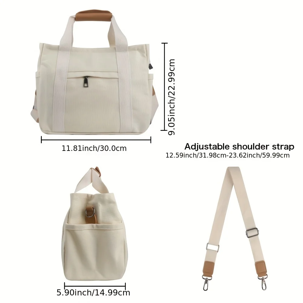 Women's Casual Canvas Crossbody Tote Bag With Multiple Pockets, Adjustable Shoulder Strap, Versatile Handbag For Daily Use