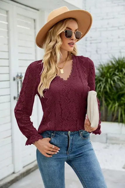 Lace Spliced V-neck Long Sleeve Female Tops 2022 Autumn