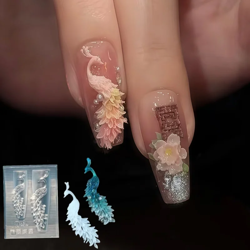 투명 실리콘 네일 아트 몰드 공작새 프레임 잎 3D 조각 디자인 네일 장식 단일..