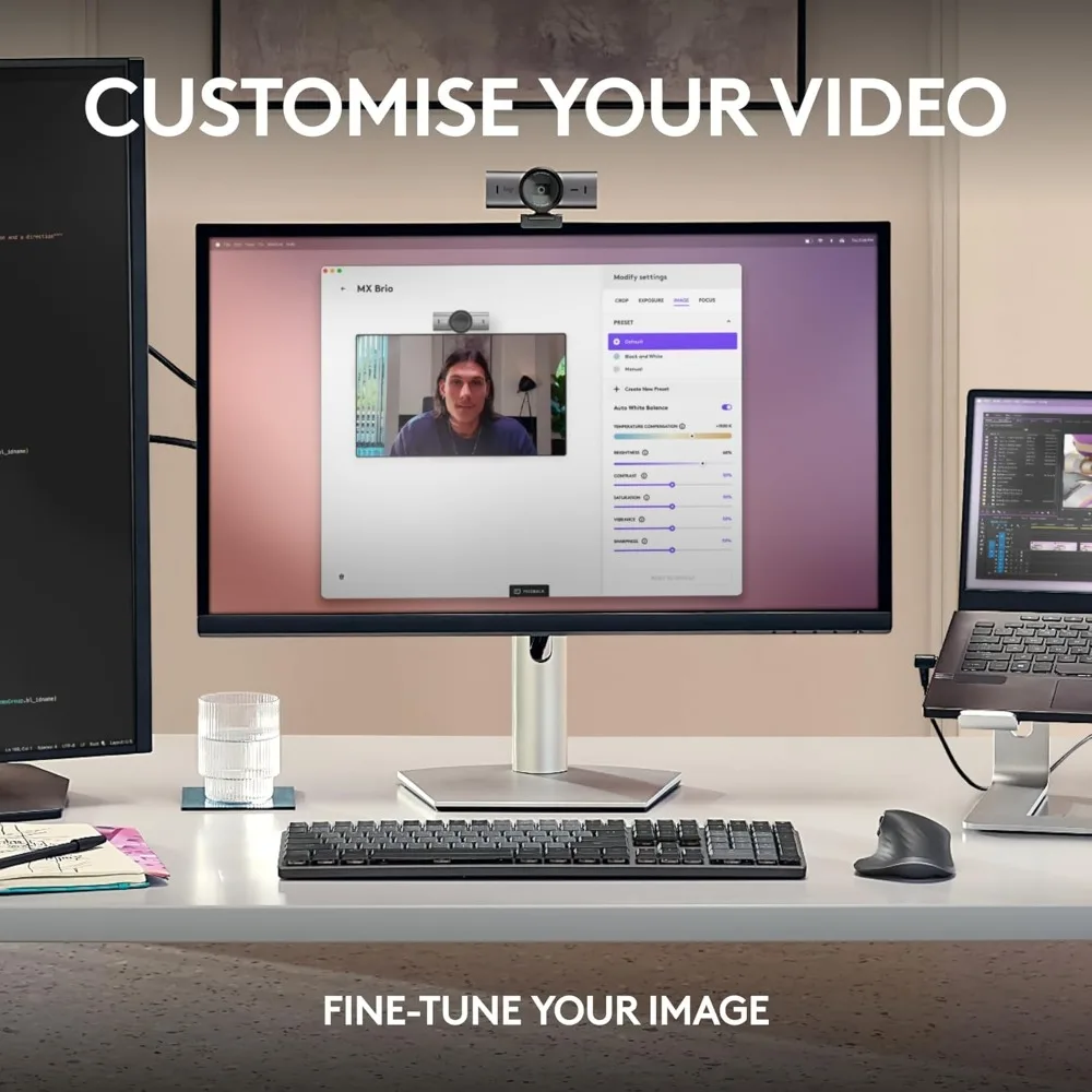 MX Brio Ultra HD 4K Collaboration and Streaming Webcam, 1080p at 60 FPS, Dual Noise Reducing Mics, Show Mode 5