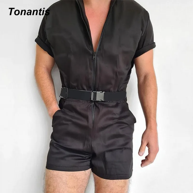 Fashion Men's Bodysuit Men Overall Shorts Zipper Temperament Slim Short Sleeve Romper Shorts Male Men Jumpsuit Streetwear