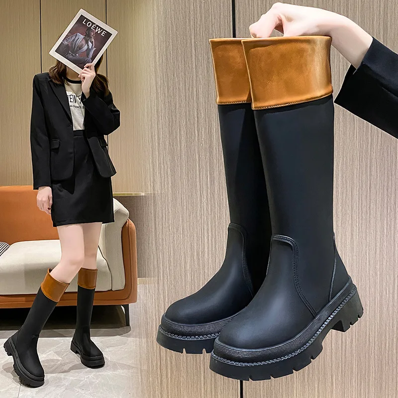 Leather Chunky Combat Boots Platform Perni Black Knee Boots Black Casual Slip on Street Runway Botas Mujer Female Designer Shoes