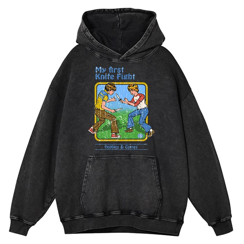 thumbnail image 1 of Sudadera con capucha holgada estilo hip hop para hombre, estilo retro desgastado, lavado con mi primera pelea con cuchillos, cómics divertidos, 100 % algodón, para otoño, 1 of 5