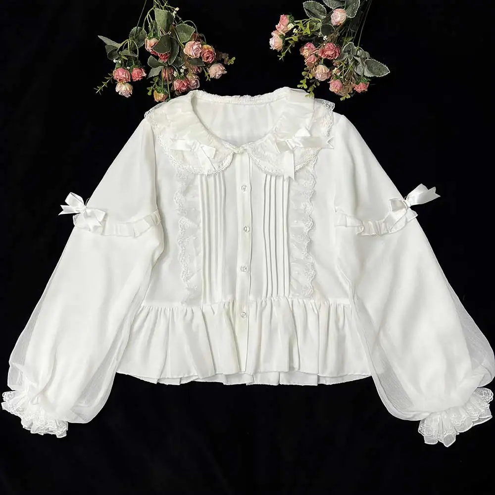 

Japanese Sweet Lolita Lace Ruffles Bow Blouses for Women, Kawaii Peter Pan Collar, Lantern Sleeve Shirt, Female Slim Tops