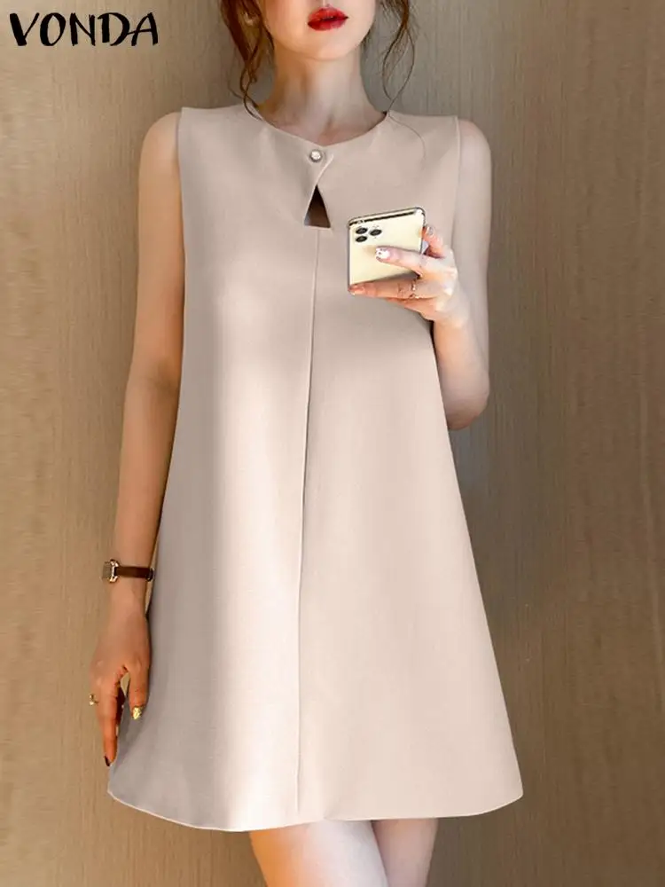 

VONDA Summer Sexy Loose Dress 2023 Women Sleeveless Mini Sundress Solid Color Casual Fashion Sexy Hollow Out Short Vestidos Robe