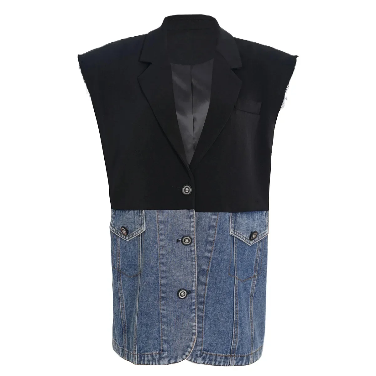 

Women Loose Fit Blue Denim Color-block Big Size Casuual Vest New Lapel Sleeveless Fashion Tide Spring Autumn