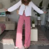 Combhasaki Women's Y2K Vintage Plaid Print Long Pants Elastic High Waist Wide Leg Loose Casual Aesthetic Trousers with Pockets 1