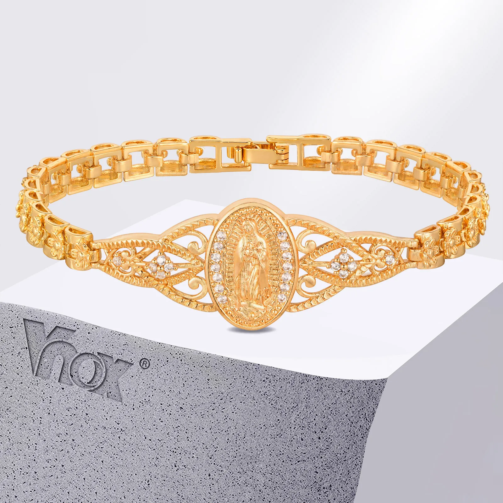 Vnox Katholisches Armband für Damen, 14 Karat vergoldetes Armband, zierliche Zirkonia, religiöse Taufe, Jungfrau Maria, Armbänder, Geschenke