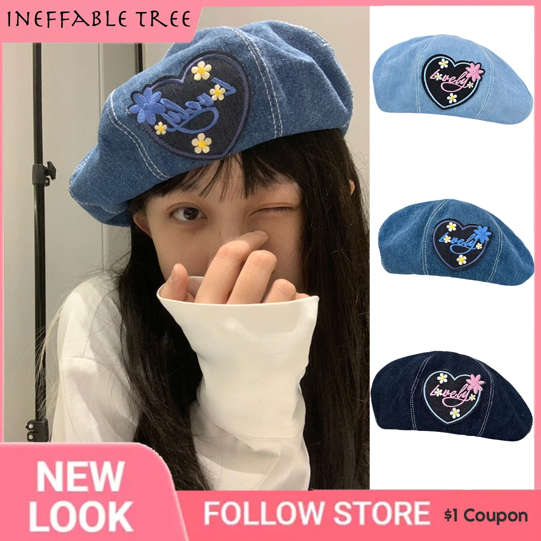 

Джинсовый берет Y2K в Корейском стиле, милый берет из денима в стиле ретро, с бантом, с вышивкой, с эффектом потертости, в японском стиле, шапка художника, весна-лето