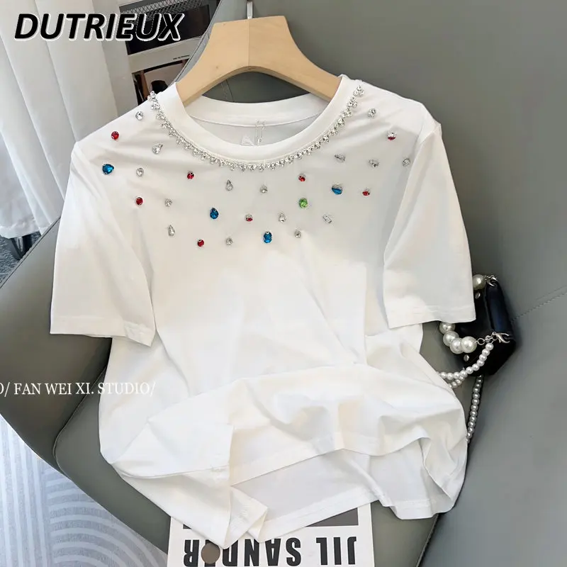 

2023 Summer Women's Top New Exquisite Rhinestone White Tee Slimming Casual Round Neck T-shirt Fashion Short Sleeves Tshirt