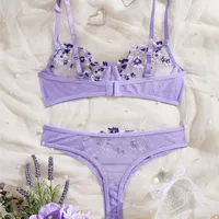 Soutien-gorge Transparent dame broderie florale ensemble de Lingerie femmes soutien-gorge Transparent et bref ensemble de sous-vêtements Satin Sexy intimes sous-vêtements 2
