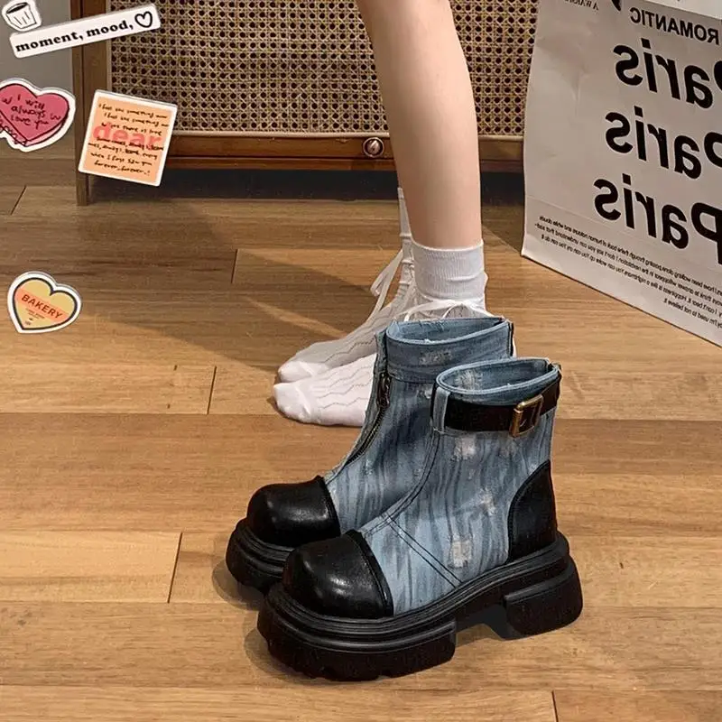 

Med Heel Boots Shoes Clogs Platform Round Toe Boots-Women Lace Up Rock Rubber Lolita Ladies 2023 Ankle Summer PU Basic Solid Lac