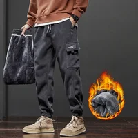 2024 Winter New Men's Fleece Corduroy Soft Cargo Harem Pants Thickened Warm Elastic Loose Street Jogging Sports Trousers Male