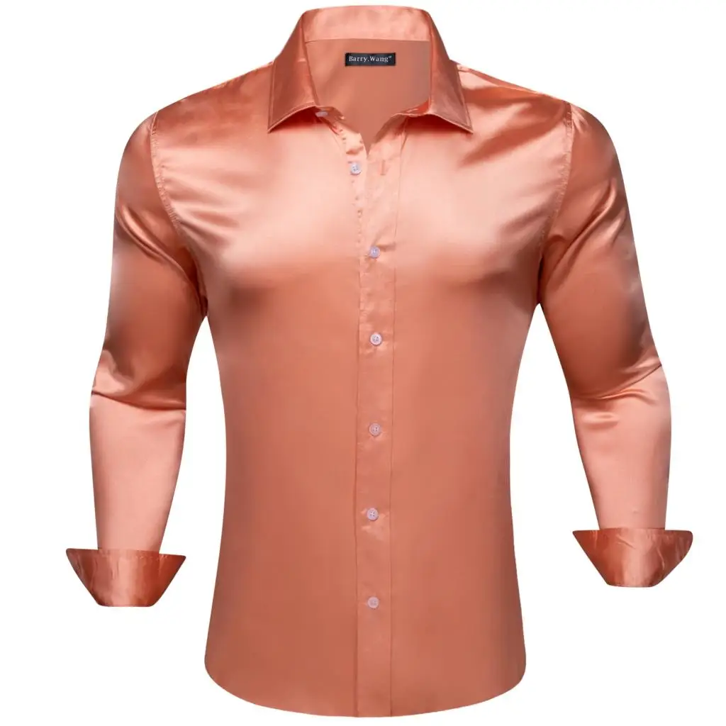 

Designer Silk Mens Shirts Mercerized Solid Satin Coral Pink Long Sleeve Casual Business Slim Fit Male Blouses Tops Barry Wang