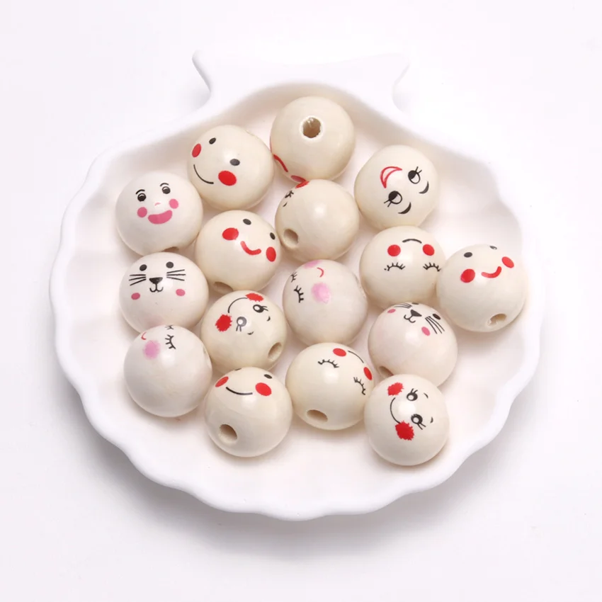 100pcs 20mm Natural Color Smiling Doll Round Ball Wooden Beads Loose Beads for Jewelry Making Handmade Diy Bracelet