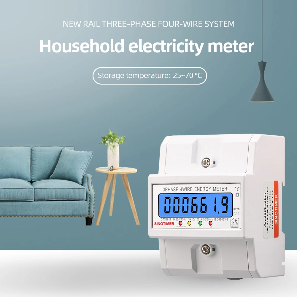 3 Phase 4 Wires Electric Energy Meter Din Rail Energy Meter 50/60HZ Power Consumption Monitor 100A LCD Backlight for Home Office