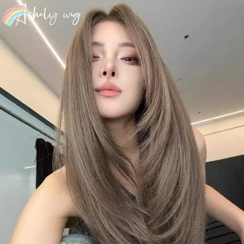 Green Brown Wig for Women Long Straight Hair Wig for Daily Use 24inch Hierarchical Cosplay Synthetic Wigs Pelucas De Mujer 가발