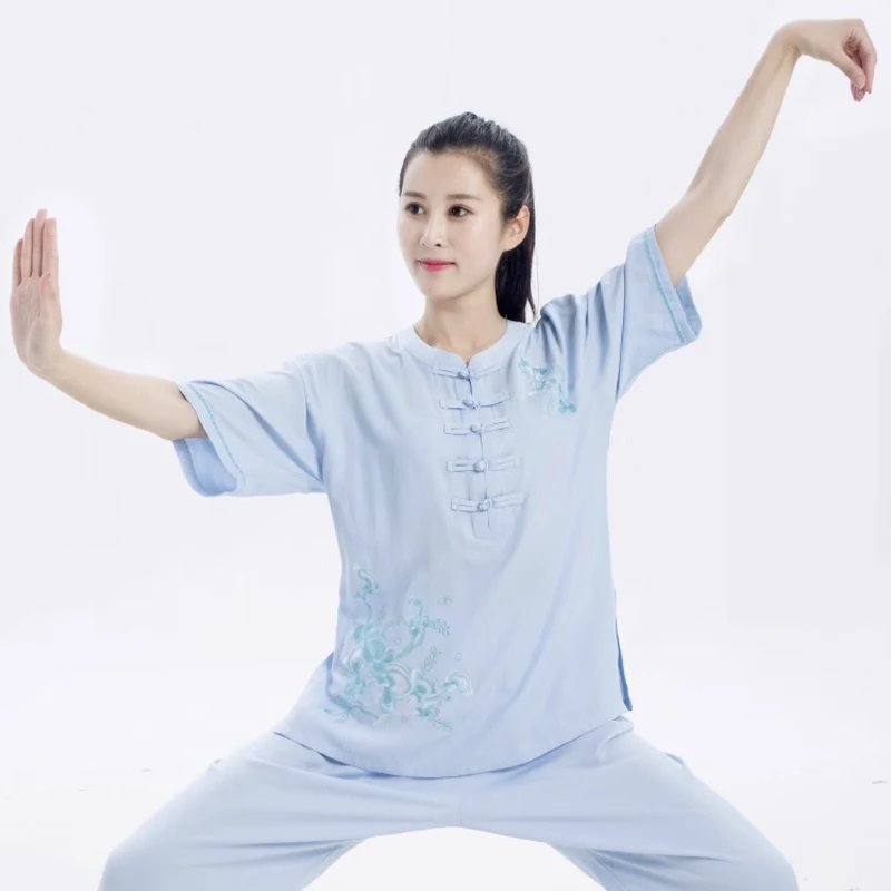 Women New Summer Embroidered Tai Chi Suit Short Sleeve Traditional Chinese Clothing Martial Arts Practice Kung Fu Set Thin