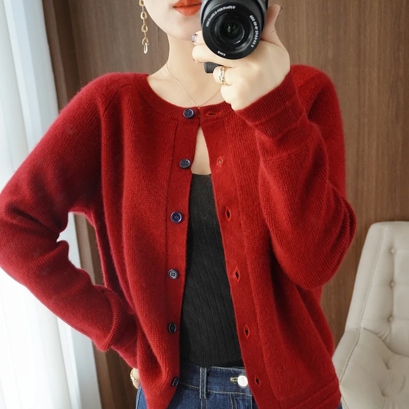 

Autumn and Winter New Pure Cashmere Cardigan Women's Round Neck Versatile Loose Long Sleeve Thickened Sweater Versatile Knitwear