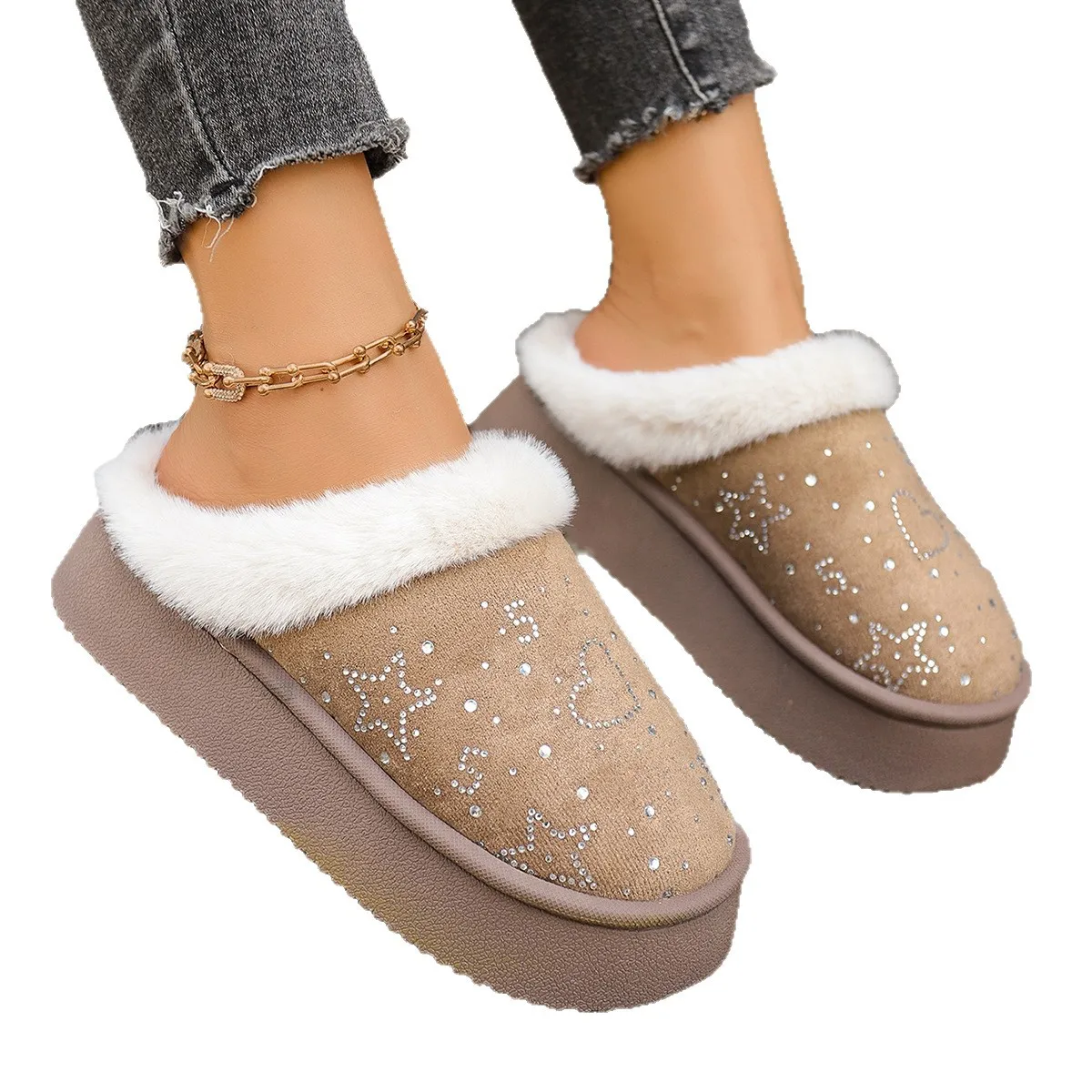 Comfortable Plush Cotton Slippers for Women, Thick Bottom, Anti Slip, Sexy, Elegant, Flat, Warm, Casual, Winter, Fashion, New