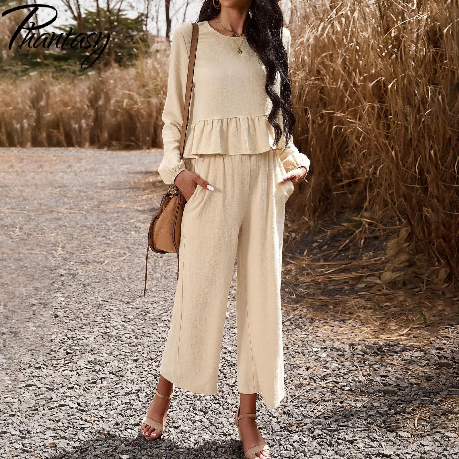 Phantasy Women Pants Set Fall Winter Office Lady Casual Trousers Suit Linen Solid Long Sleeve Top Loose Pants Female Clothing