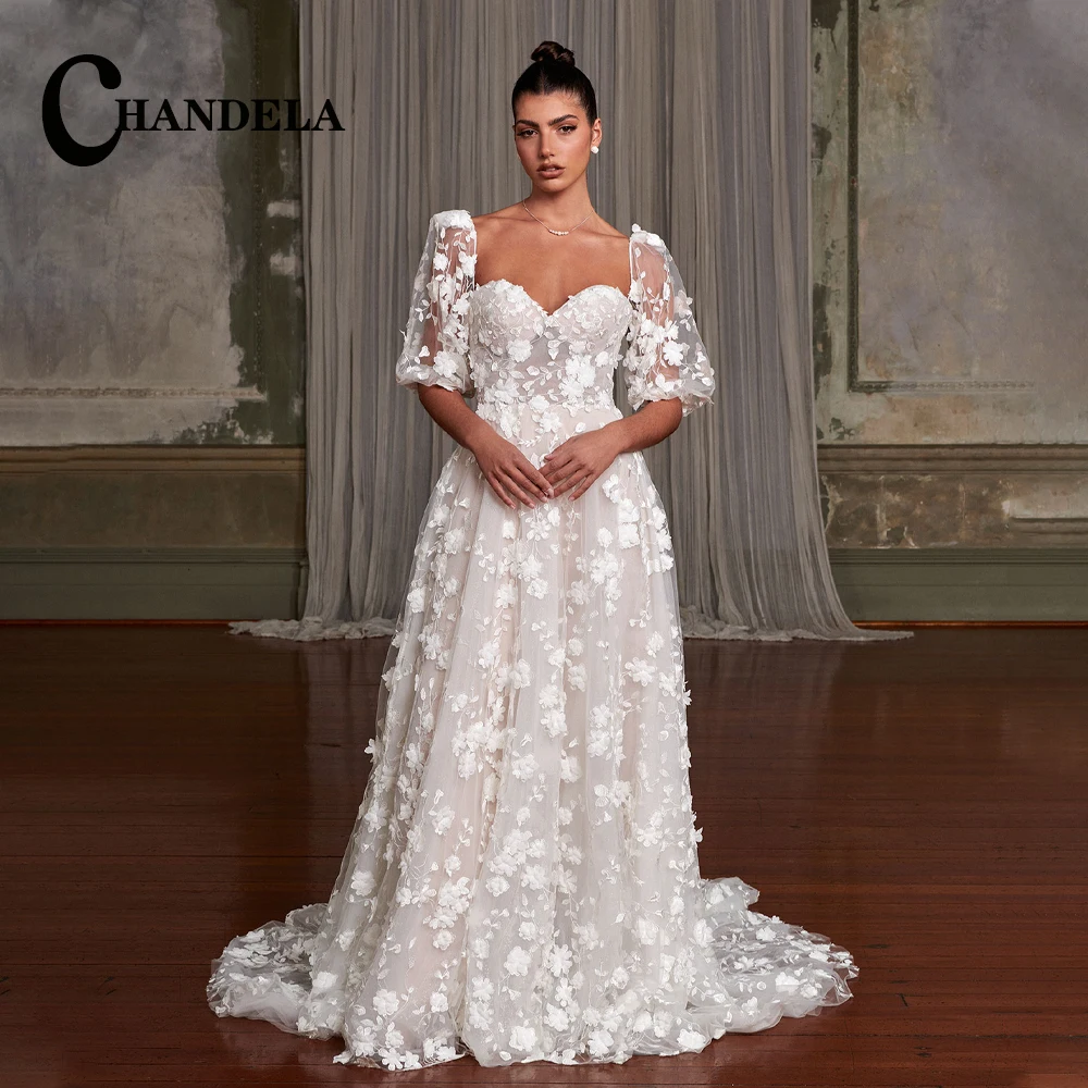 

CHANDELA Chic Puff Sleeves Wedding Dresses Appliques Lace A Line Sweetheart Tulle Backless Pleat Sweep Train Vestido De Novia