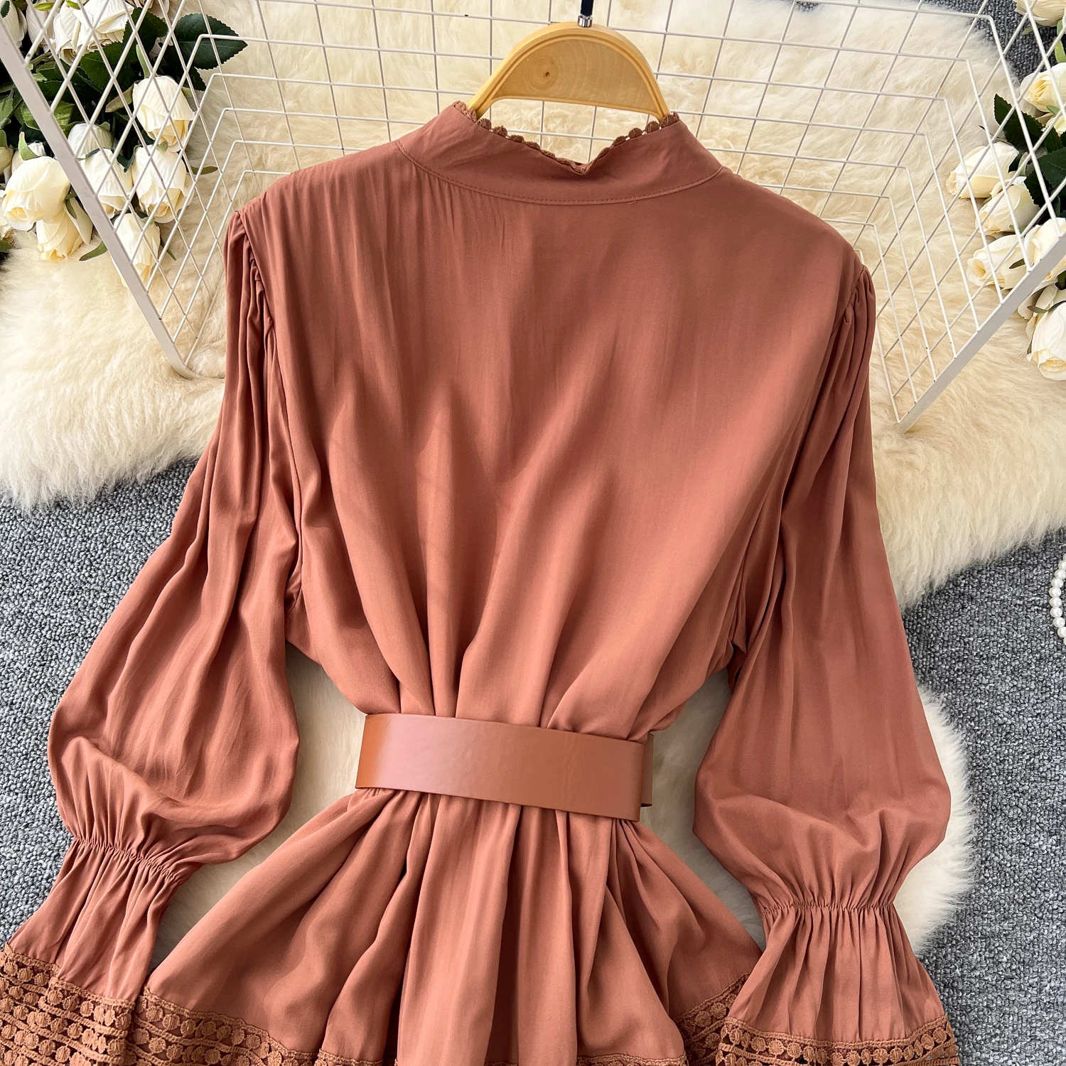 Chic Lace Slim Stand Collar Long Sleeve Spliced Single Breasted Dress High Street Vintage Evening Women Autumn Winter Clothing