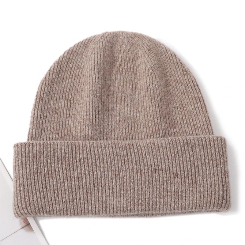 100%Pure Cashmere Beanies For Women Winter Warm Soft Solid Color Knitted Hat Y2K Korea Fashion Flipped Heap Pullover Cap Girl 2