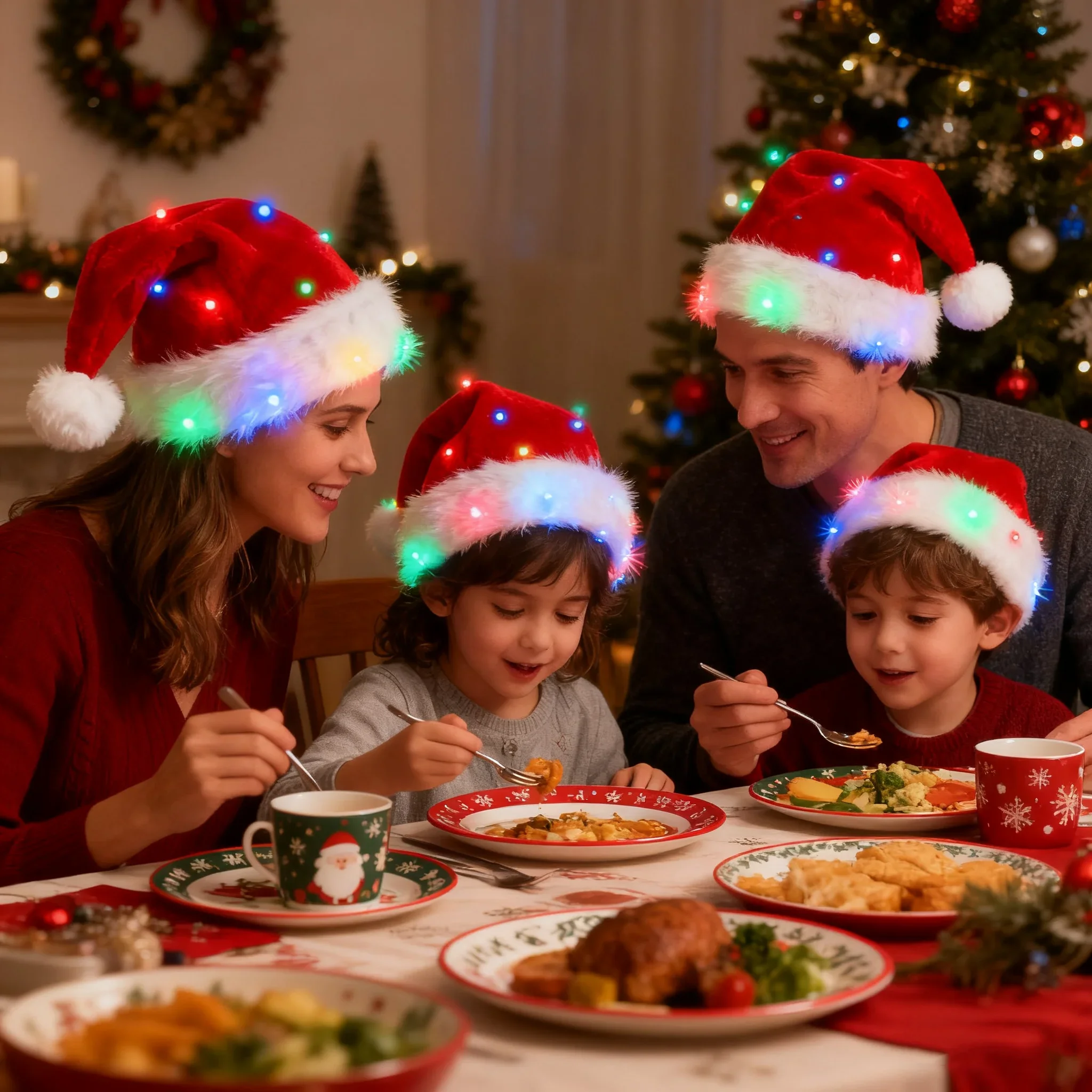 Plush Christmas Hat Merry Christmas LED Light Hat New Year Red Santa Claus Hat for Kids Adult Xmas Gift Parent Child Hat