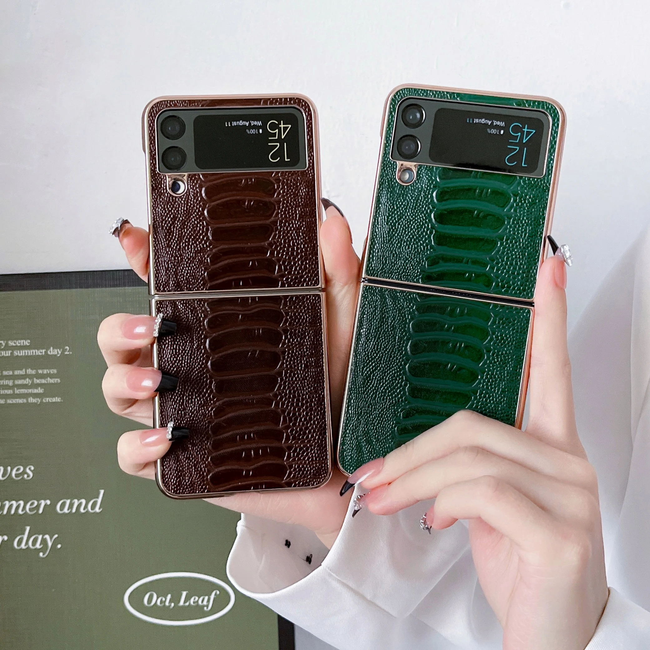 

Чехол из натуральной воловьей кожи для Samsung Galaxy Z Flip 4 3 Flip4, чехол-накладка из кожи страуса с глянцевым гальваническим покрытием