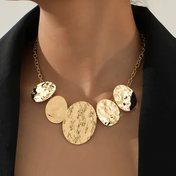 Pendant Necklace For Women Girls Retro Fashion Personality Exaggerated Metal Geometry Round Fold Texture Fashion Jewelry BN004