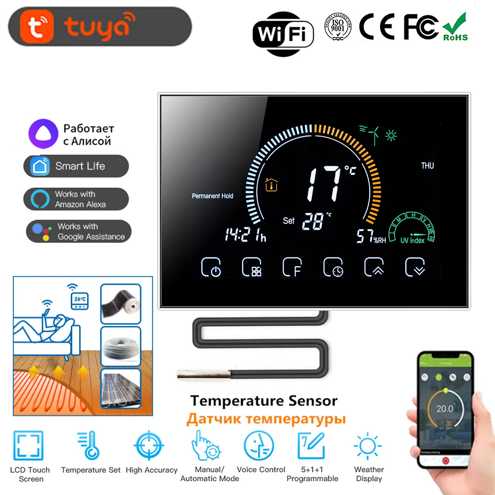 Termostato Wif Termostato Bht8000 b Programável até 3500w para Aquecimento de Piso Radiante Funciona com Yandex Alice
