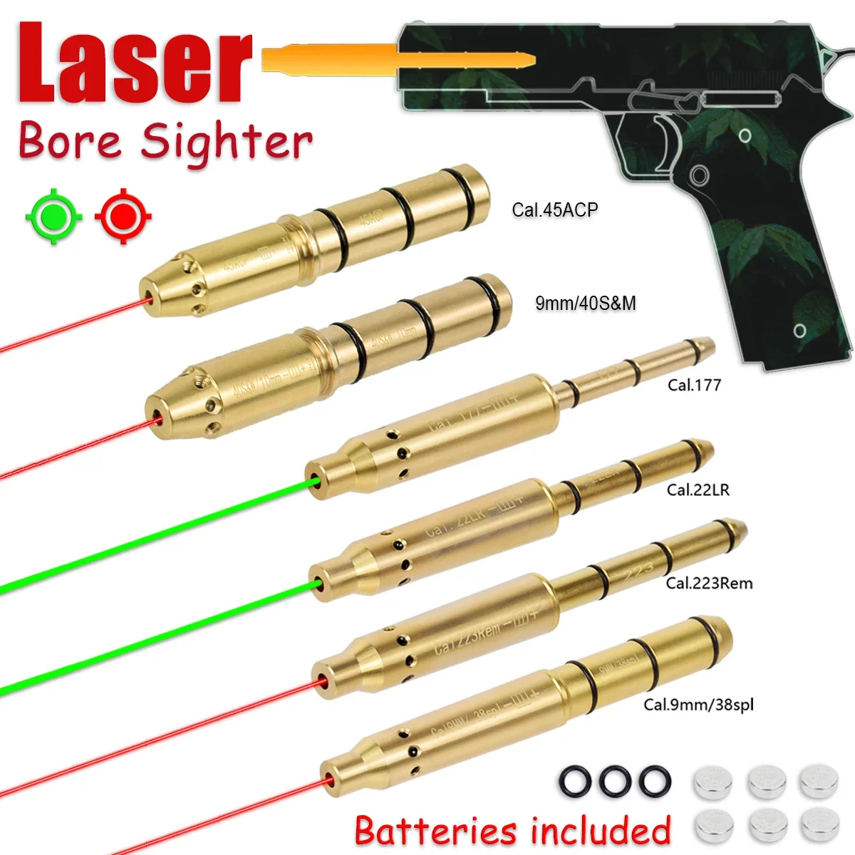 Tactical .22LR Long Rifle Red Green Laser Bore Sight Collimator Kit 9mm.38spl/.177/.223Rem/10mm 40S&W Cal Glock 43 17 19 AK47 74 laser bore sight red dot laser sight laser sight