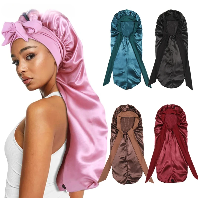 Adjustable Satin Hair Bonnet with Bow – Colorful Long Tube Cap for Sleeping, Perming & Heat Therapy, Soft Sleep Cap for Women