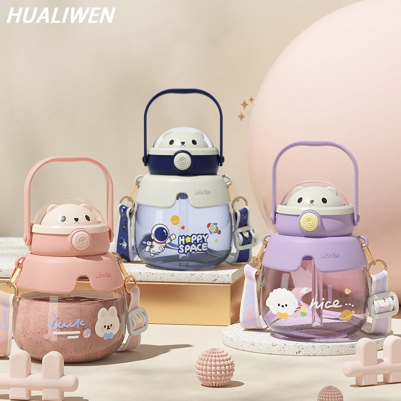

850ML Kawaii Bear Kettle Straw Water Cup Summer Large Capacity Plastic Straw Drinking Cup Cute Children Water Bottle