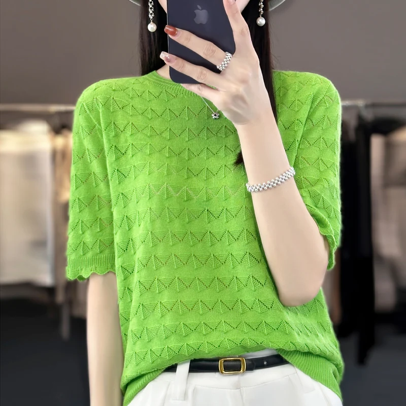 

2024 New Spring and Summer Women Hollow out cashmere sweater short sleeve Women knitted Hollow casual short sleeve