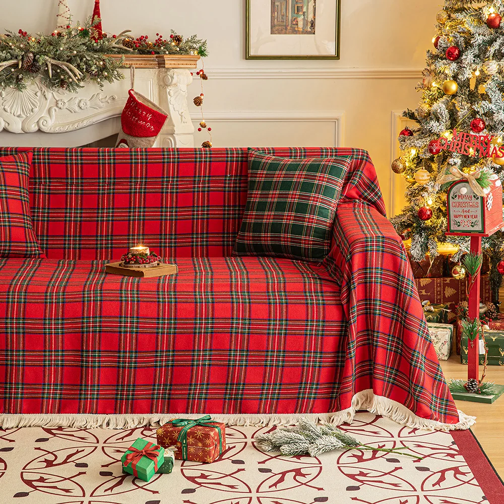 71x118in Retro pastoral tassels New red and green Scottish Plaid Christmas sofatowel is suitable for soft touch of two-seat sofa 2