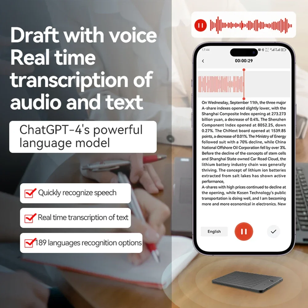 ChatGPT-4 AI Voice Recorder 500mAh AI Notetaking Device 188 Languages Intelligent Note Voice Recorder for International Exchange
