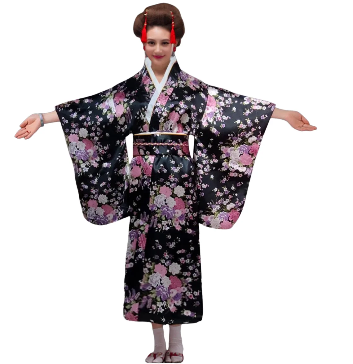 Black Vintage Japanese Ladies Kimono Bath Gown Women's Faux Silk Yukata With Obi Performance Dance Dress Cosplay Clothing