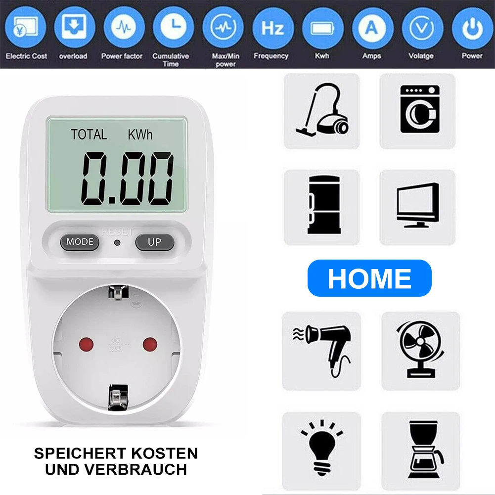 Power Meter Socket Voltage Current Meter EU Plug 220V Digital LCD Power Meter Wattmeter Energy Meter Kwh Voltage Current Frequency Electricity Monitor