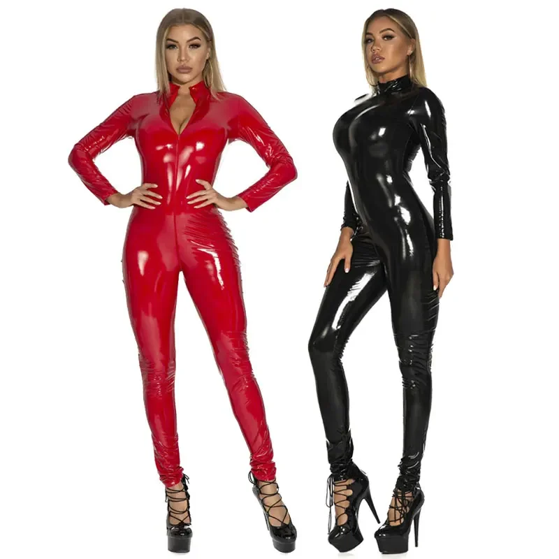 

Women Faux Leather Catsuit Sexy Hot PVC Latex Bodysuit Front Zipper Open Crotch Jumpsuits Stretch bodystocking Erotic costumes