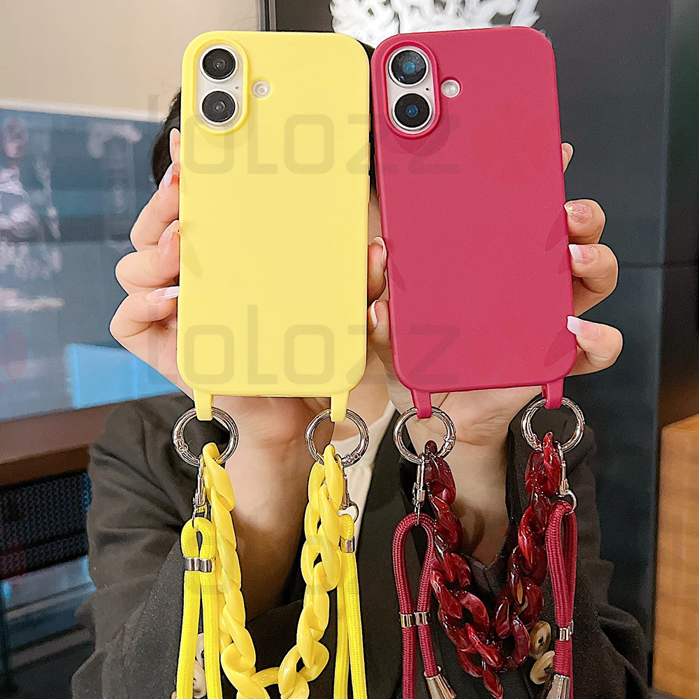 Luxury Crossbody Necklace Strap Soft Silicone Candy Color Phone Case For iPhone 15 14 13 12 11 16 Pro Max Acrylic Bracelet Cover_voghion.com