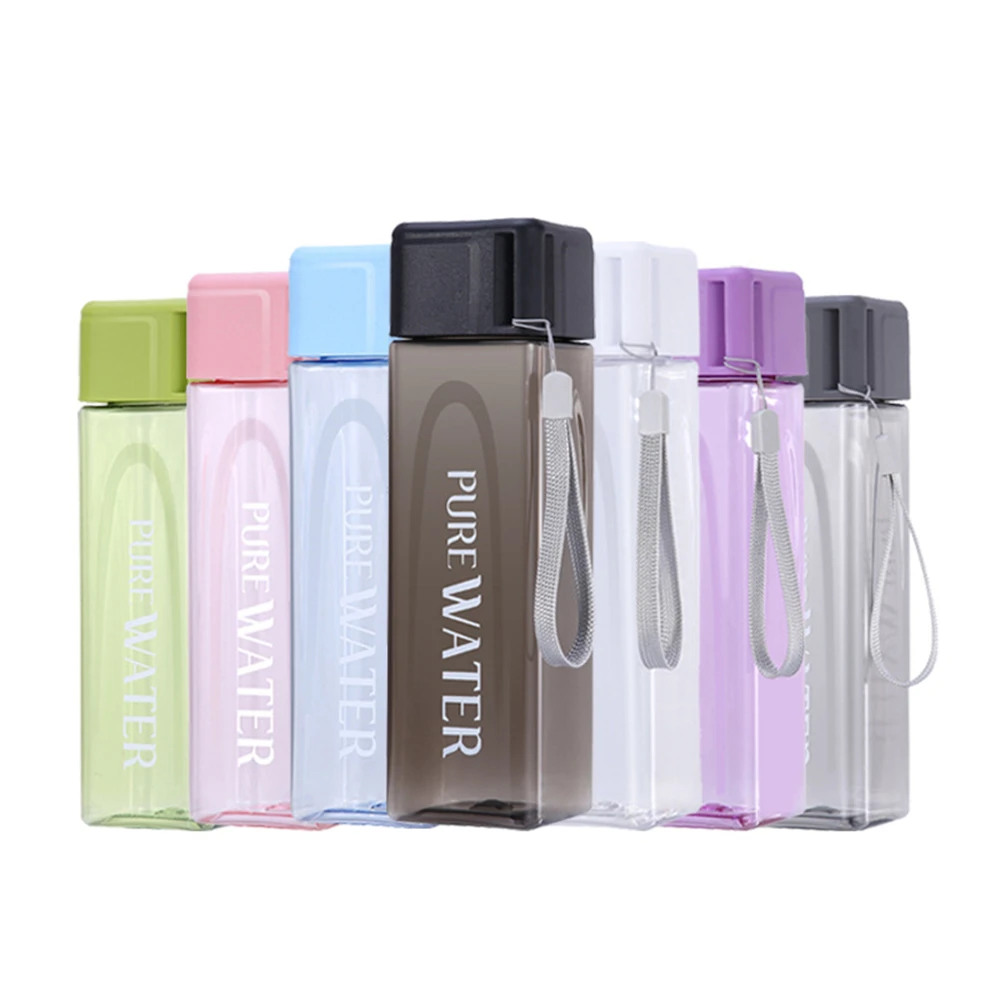 

500ml transparent square plastic matte water cup outdoor cold fruit juice water sports cup with portable milk rope water bottle