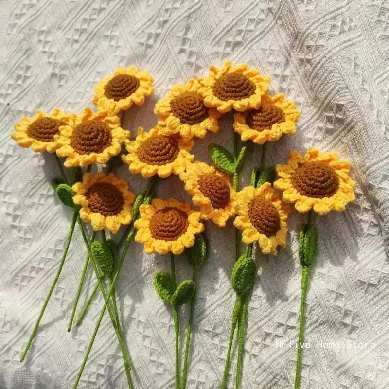 Cute Finished Crochet Sunflower Bouquet Artificial Flowers Hand-Knitted for Women Mother Home Room Decor Flower s Gift crochet kit