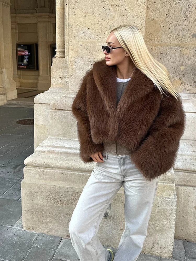 Vintage Brown Fluffy Faux Fur Short Coats Women Loose Lapel Buckle Jacket 2024 Winter New Lady High Street Warm Thick Outwear 2