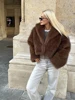 Vintage Brown Fluffy Faux Fur Short Coats Women Loose Lapel Buckle Jacket 2024 Winter New Lady High Street Warm Thick Outwear 2