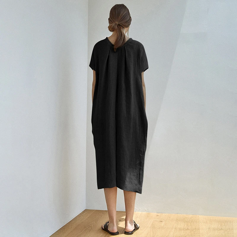 100% Linen Elegant Women's Dresses For Party 2025 Ruched Casual Short Sleeve Summer Dresses New In Beach Sundress Vestidos 6