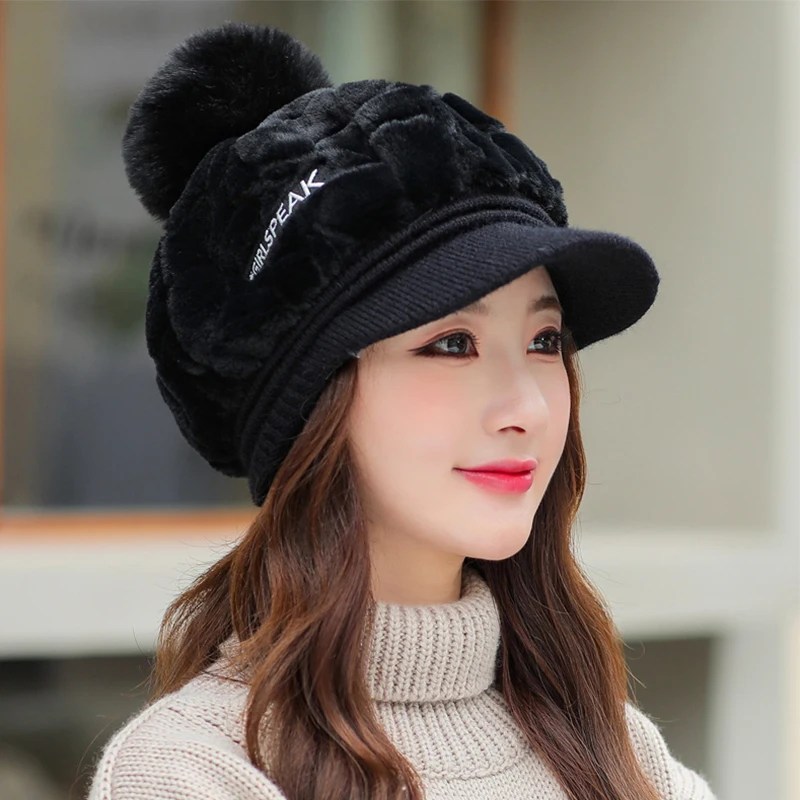 Autumn winter women winter hat fashion wild plush warm duck tongue hat cute hairball cold protective ear cap