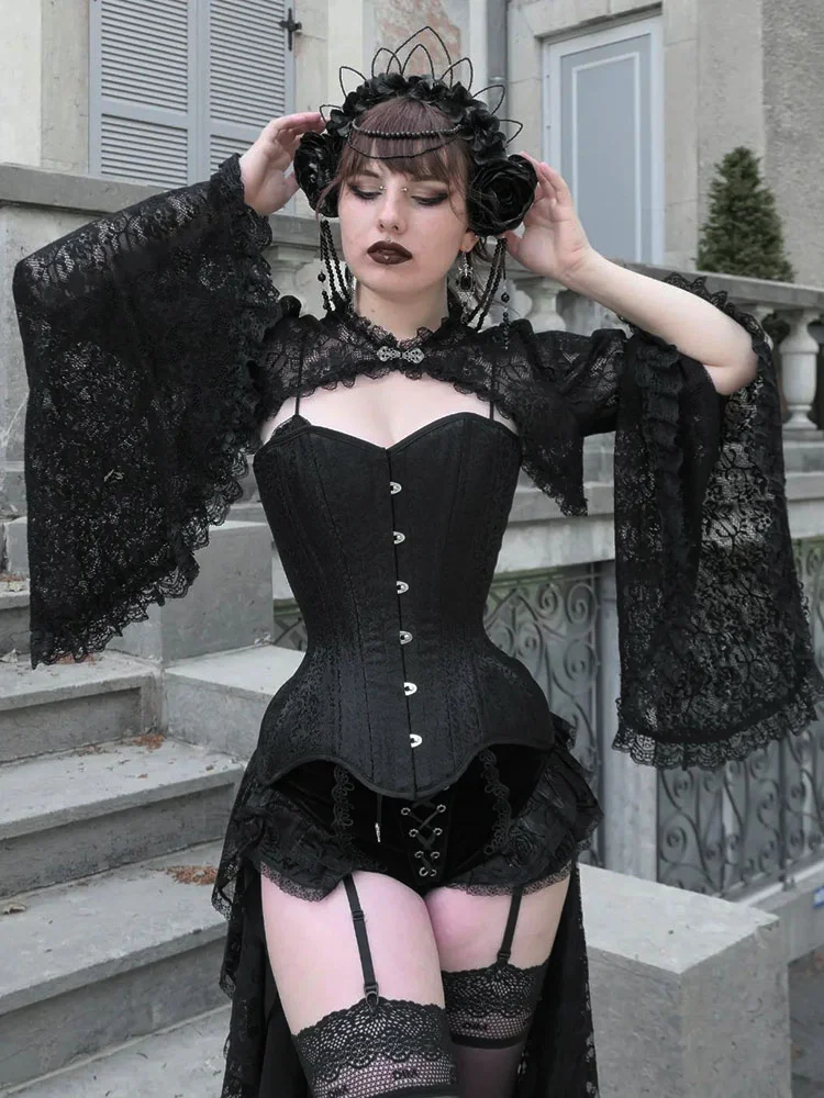 

Sexy Vintage Gothic Street Lace Overlays See Through Y2K Woman Fashion Cosplay Cover-ups Coat Black Fairy Grunge Smock