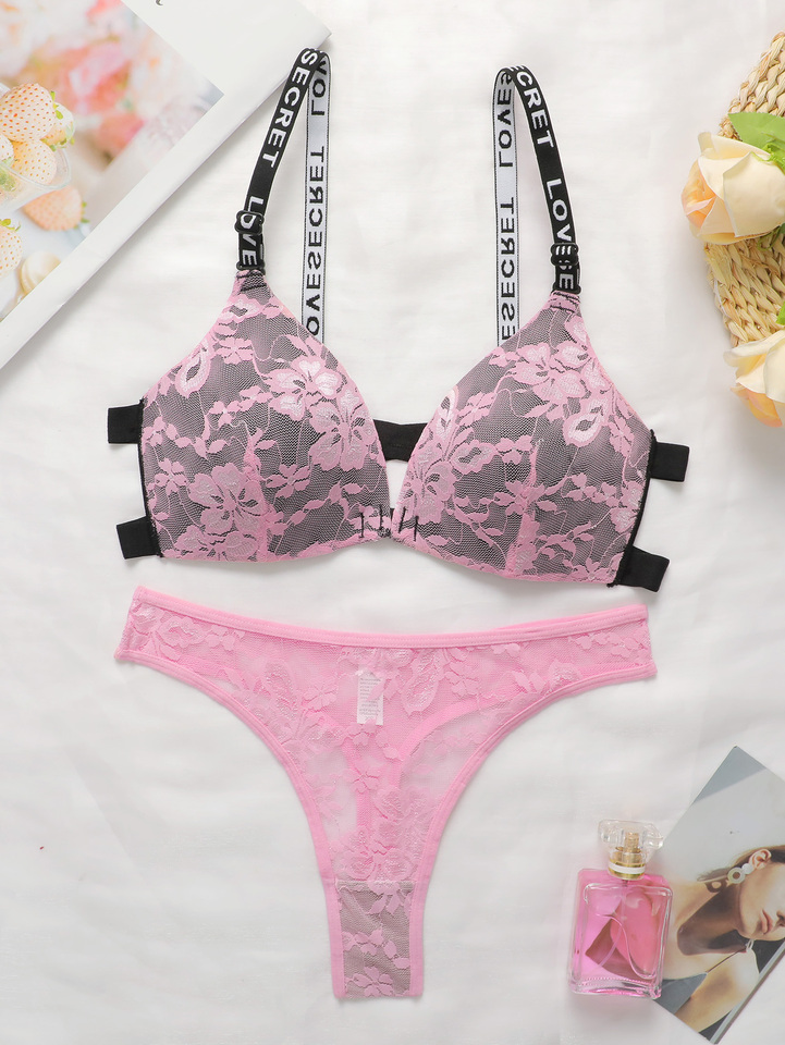 Women's front buckle sexy embroidered lace flower lingerie set without steel ring gathering push up breathable bra set J2022